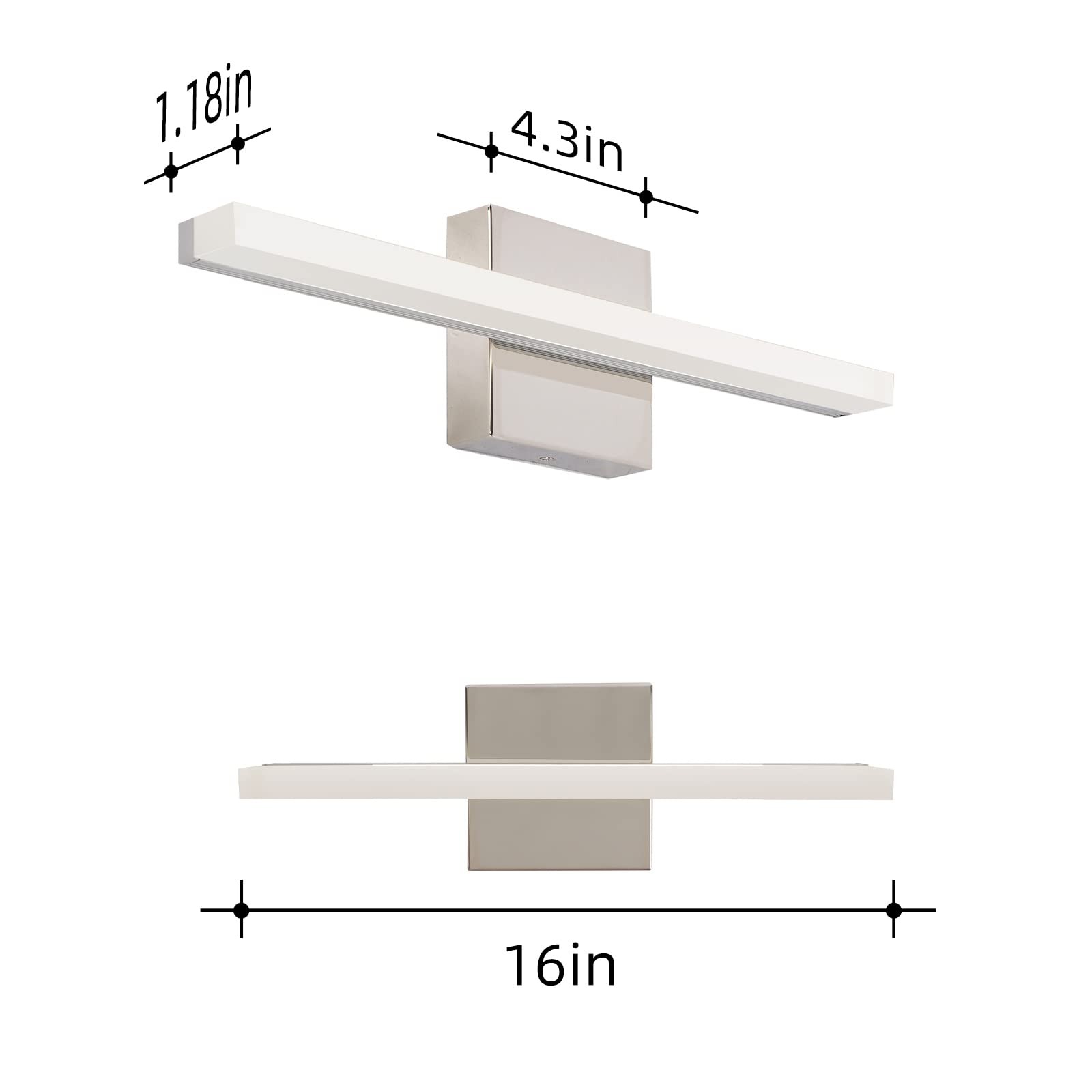 Kinyota Modern LED Vanity Lights Bathroom 1 Pack 16IN 9W Daylight White Chrome