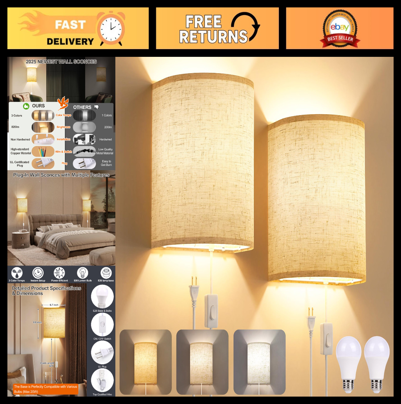 Set of 2 Plug-in Wall Sconces with On/Off Switch | Adjustable Color Temperature