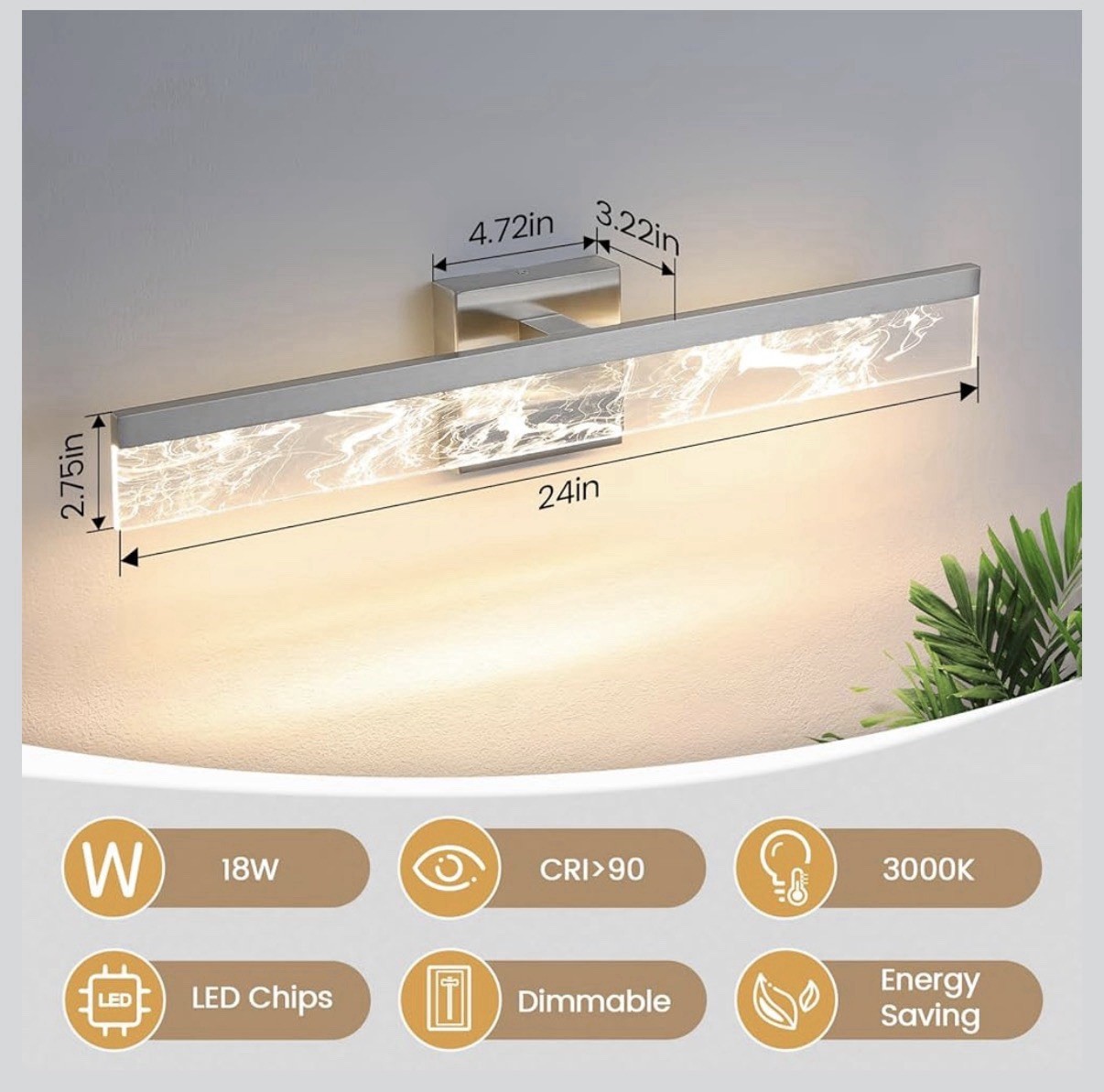 Brushed Nickel Vanity Light – 24 Inch Lighting Fixture over Mirror, 18W 3000K LE
