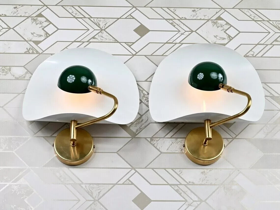 Mid Century Pair Wall White Green Shade Italian Focus Handmade Indirect Light