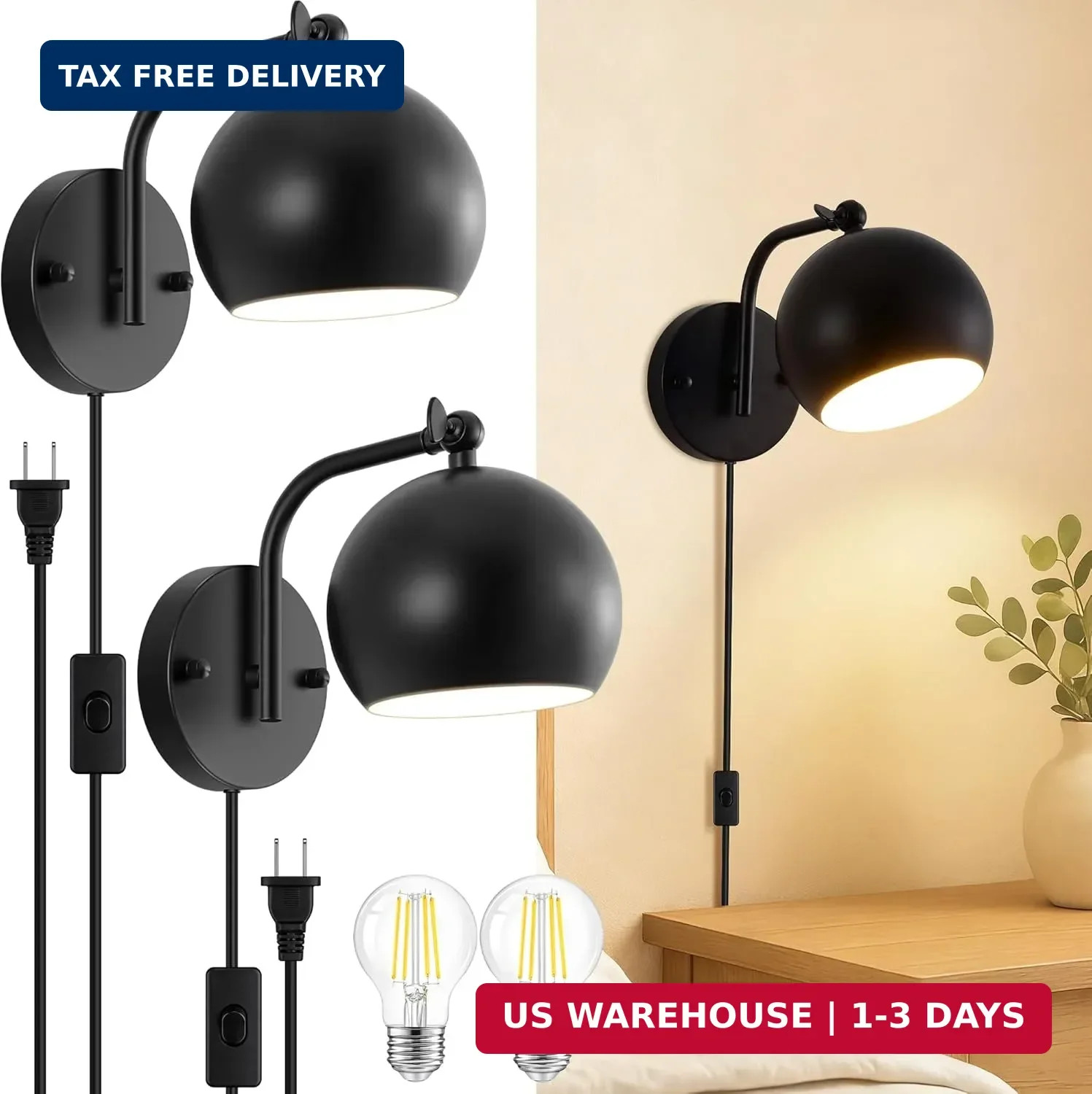 Plug in Wall Sconces Set of 2, Adjustable Angle Black Wall Lights with Plug in C