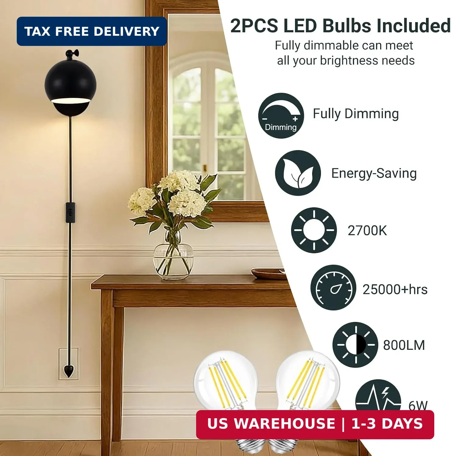 Plug in Wall Sconces Set of 2, Adjustable Angle Black Wall Lights with Plug in C