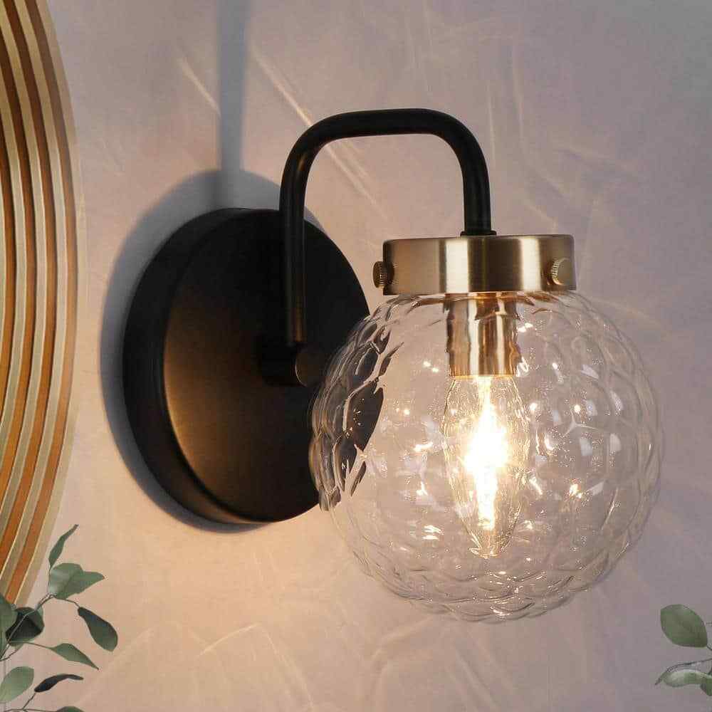 LNC 5 in. 1-Light Matte Black/Brass Bath Vanity Sconce w/ Textured Globe Glass