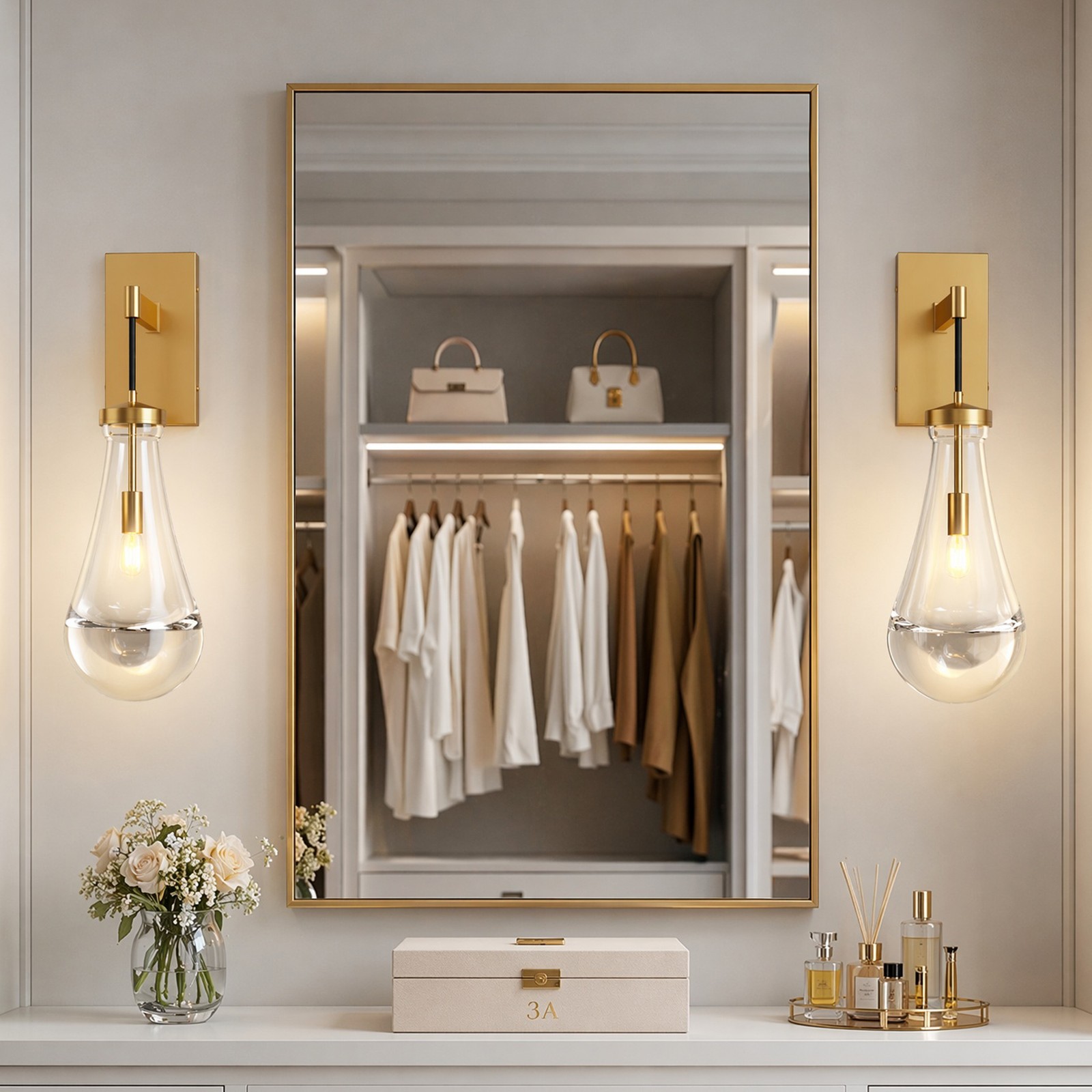 2 Pack 18» LED Wall Light Indoor Raindrop Glass Dimmable Sconce Gold Fixture