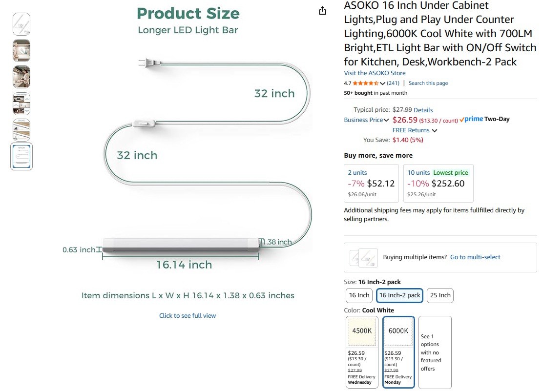 60% OFF! New! . $50, 10 in total. 16 Inch Under Cabinet Lights Plug 6000K LED