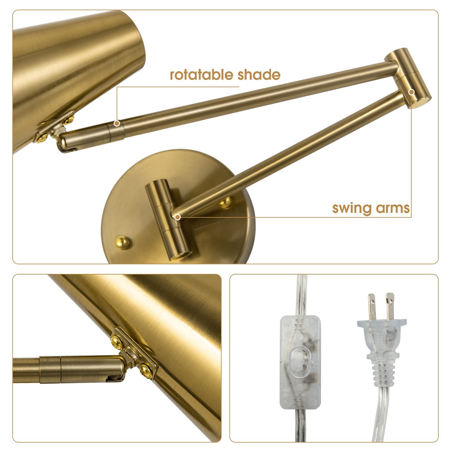 Plug in Wall Sconce Set of 2, Brass Swing Arms Wall Light Plug-in Wall Lamp f