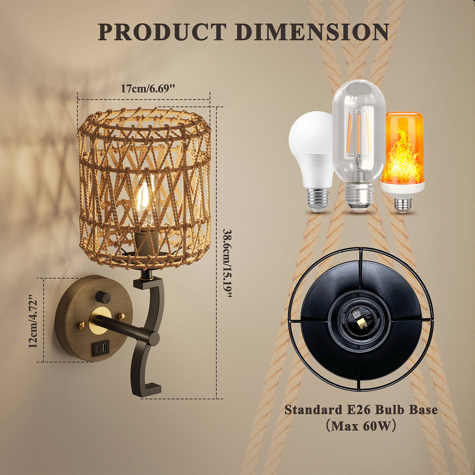 Vintage Dimmable Wall Light Fixture Touch Control Wall Sconce Porch Indoor Light