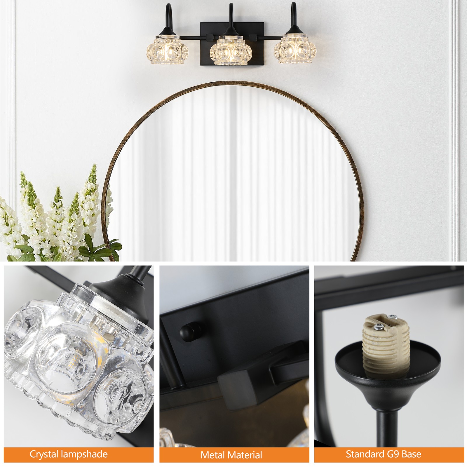 17″ Vanity Light 3 Lights Crystal Wall Lamp Bathroom Mirror Sconce Fixture Black