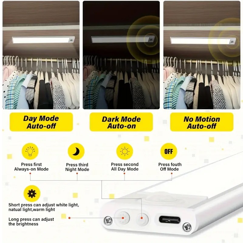 2PCS LED Motion Sensor Cabinet Closet Lamp USB Rechargeable Wireless Strip Light