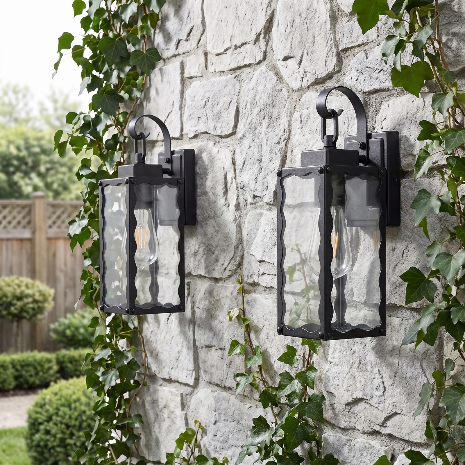 2 Pack 15″ Outdoor Black Wall Light Glass Porch Exterior Mount Sconce Fixture
