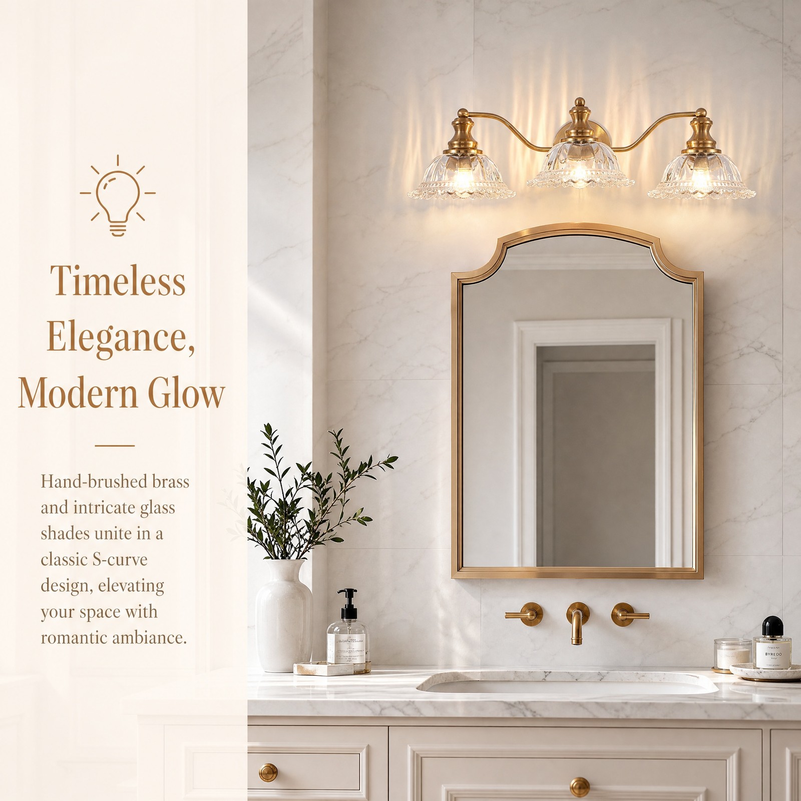 24 inch 3 Lights Gold Glass Shade LED Vanity Bathroom Mirror Wall Sconce Fixture