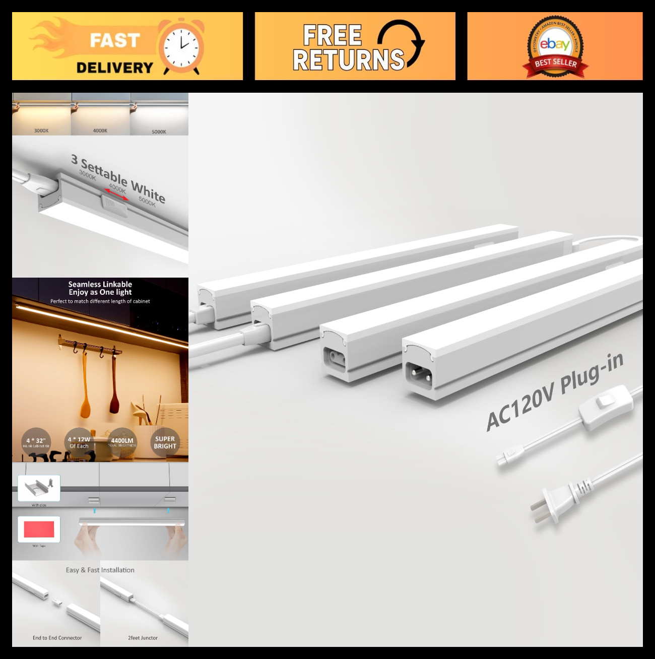 32 Inch LED Under Cabinet Lighting – 4 Pcs Linkable, 3CCT 3000K/4000K/5000K, Ult