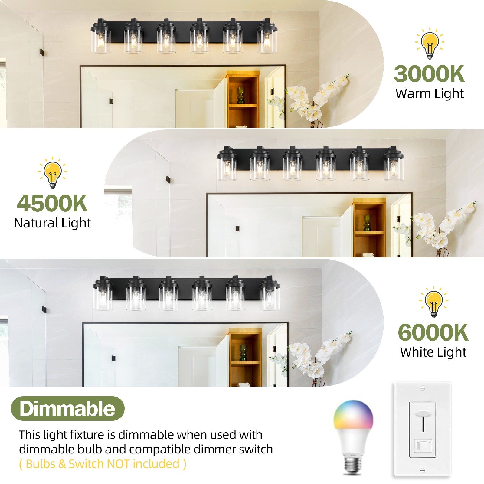 LED 38 in 6 Lights Black Vanity Light Clear Glass Shade for Bathroom Mirror Wall