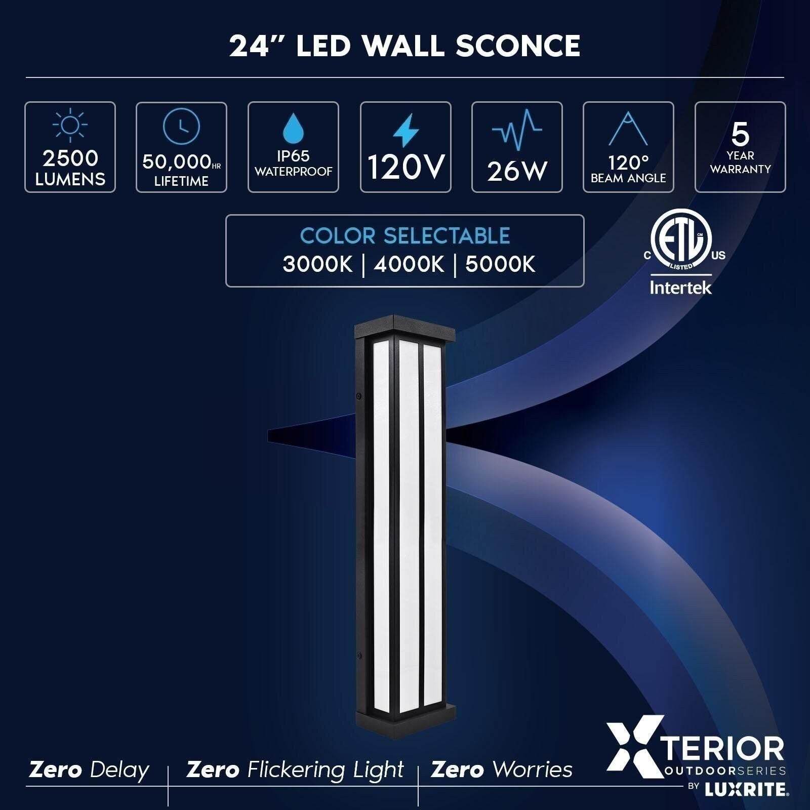 Luxrite LED Outdoor Wall Sconce 24in Black Aluminum 3CCT 26W ETL IP65 2-Pack