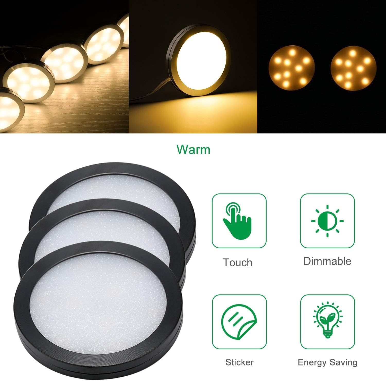 under Cabinet LED Black Cover Puck Lighting Kit with Touch Dimmer Switch