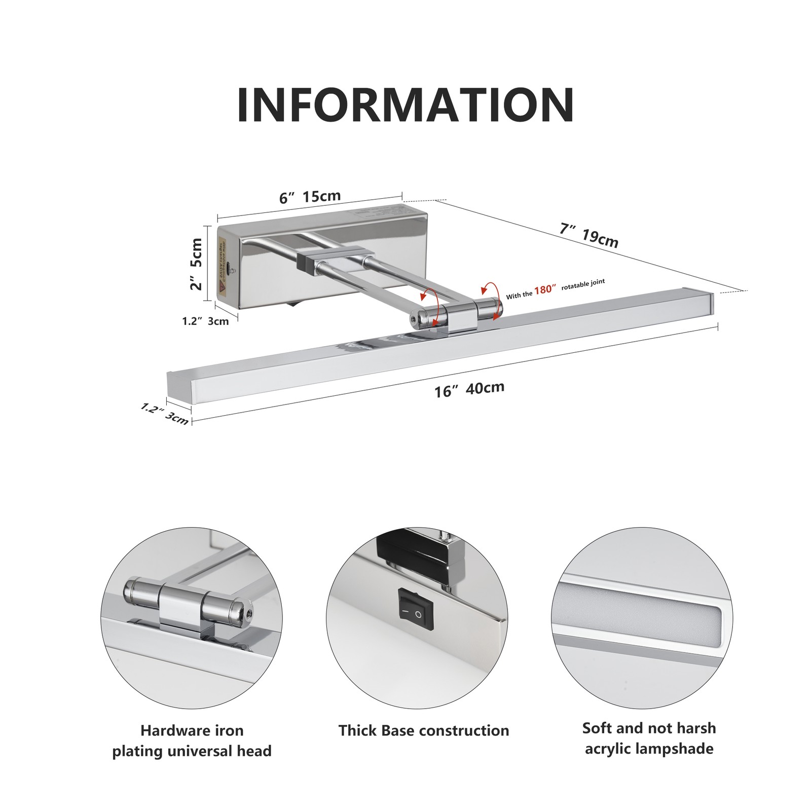 16» Battery Operated Picture Light for Wall Sconce w Remote 3CCT 5000mAh Chrome