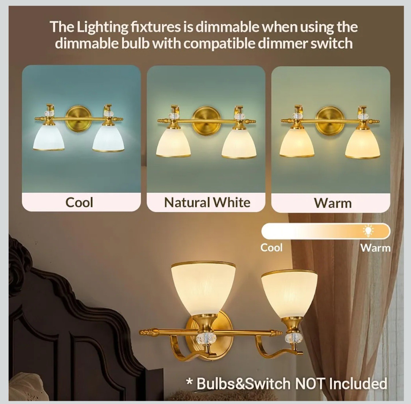 2-Light Brushed Gold Bathroom Ligh Vintage Bathroom Light with Milky White Bell