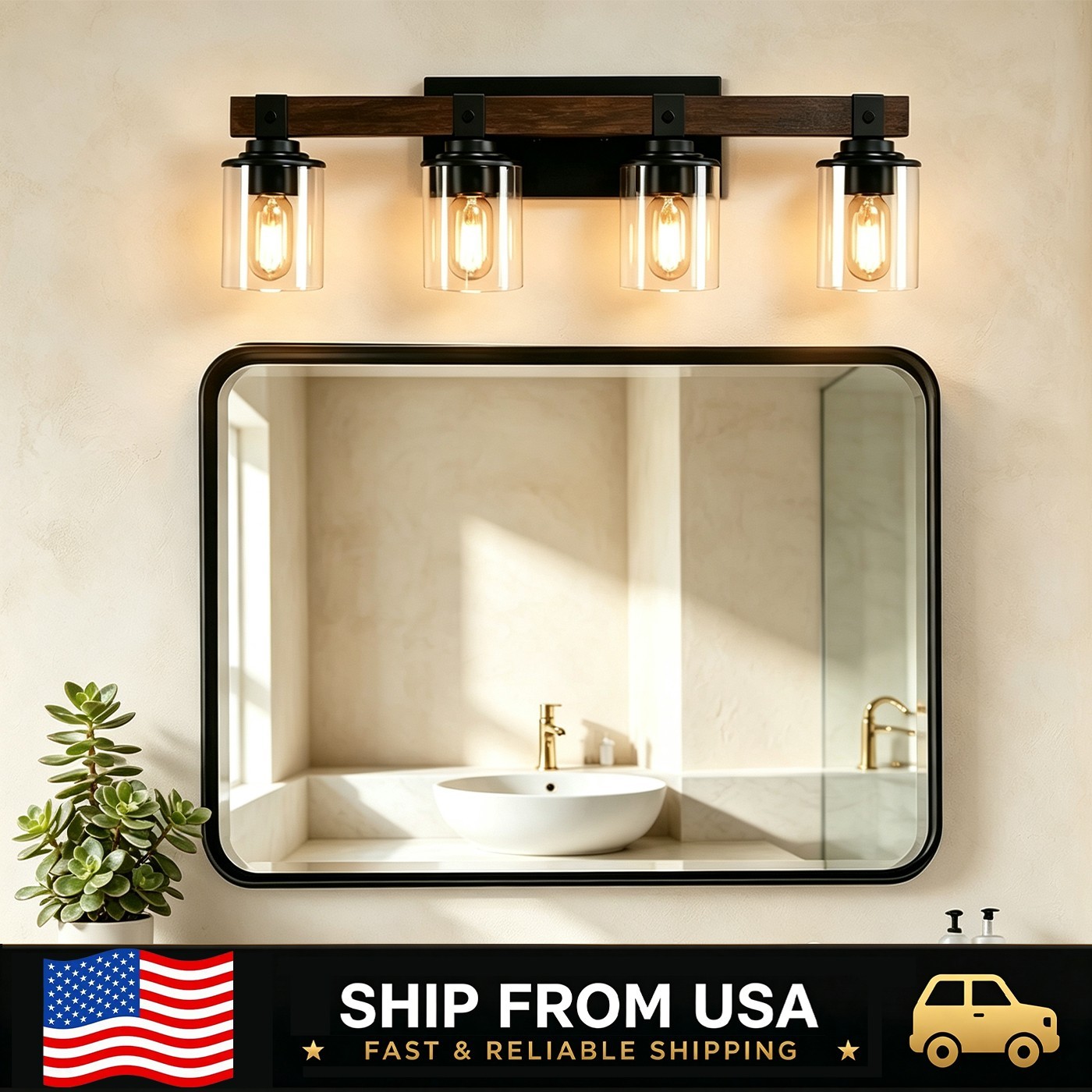 LETRY 4-Light 27in Farmhouse Square Glass Wood Bathroom Vanity Wall Sconce New