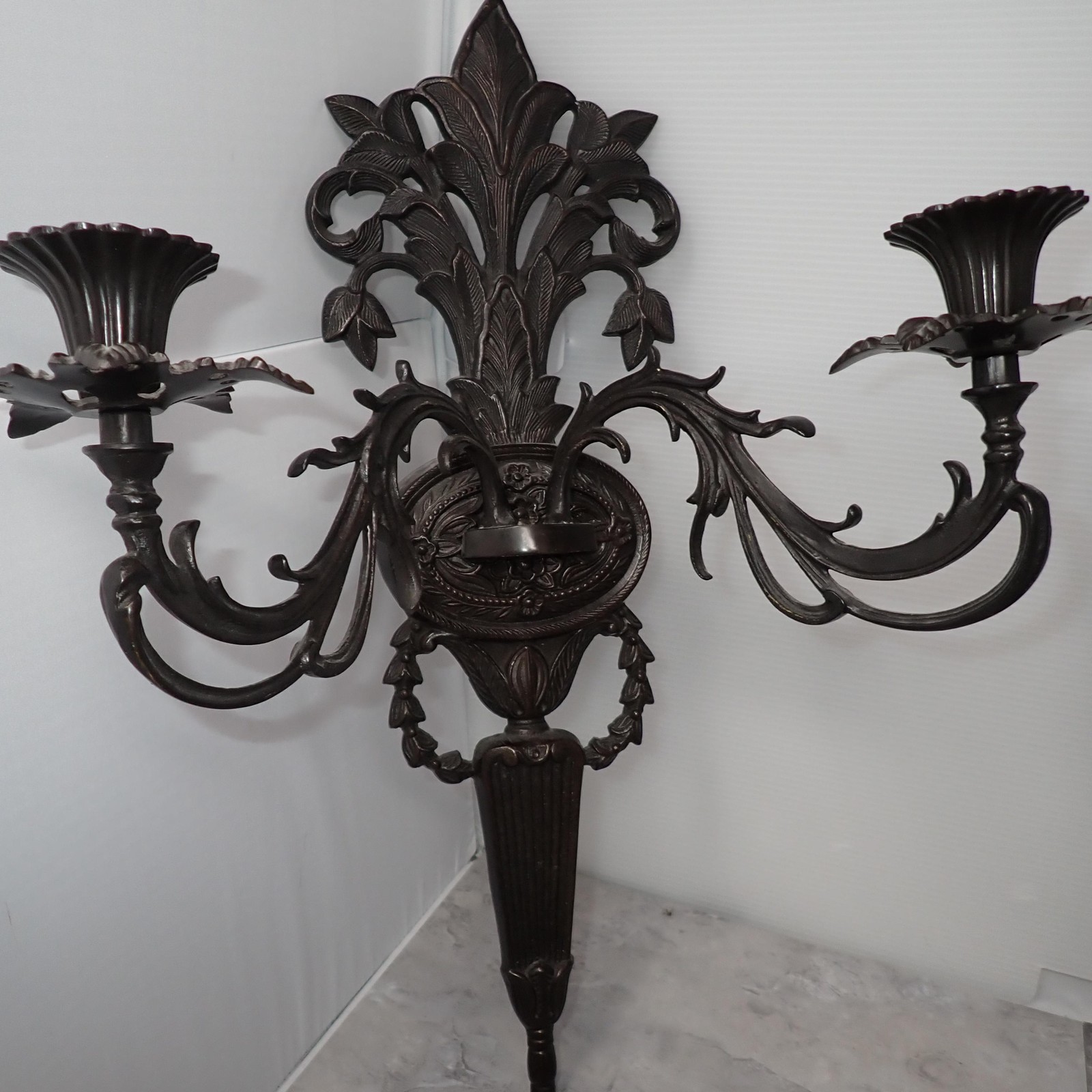 Bronze Metal Wall Sconces Pair 2 Arm Leaf Scroll Baroque India Decor