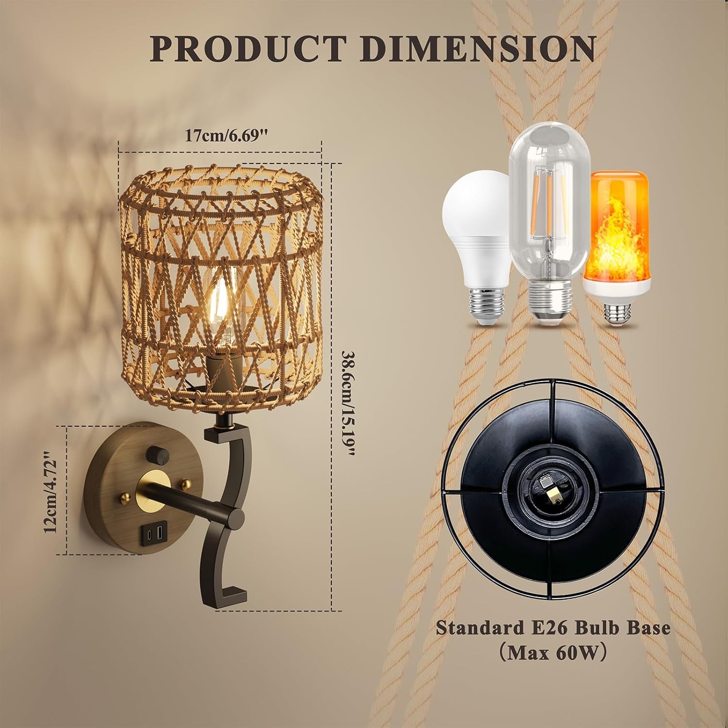 HYMELA Rattan Wall Sconce Boho Farmhouse Rustic Accent Light Fixture 54303d67