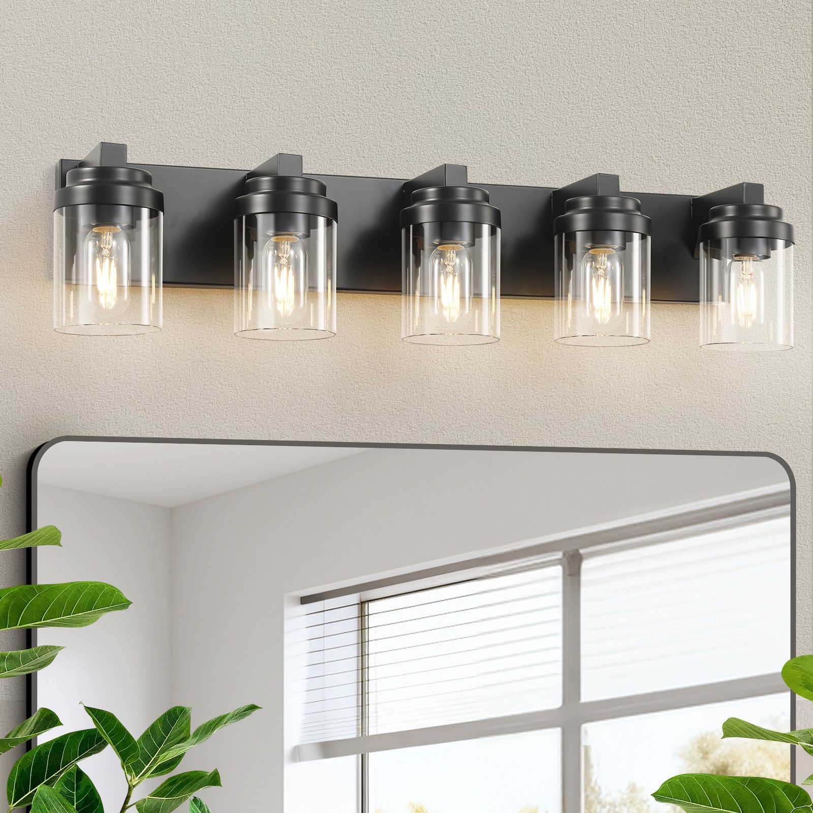 5 Lights 31″ Black Vanity Light Modern Glass Shade Bathroom Mirror Wall Sconce