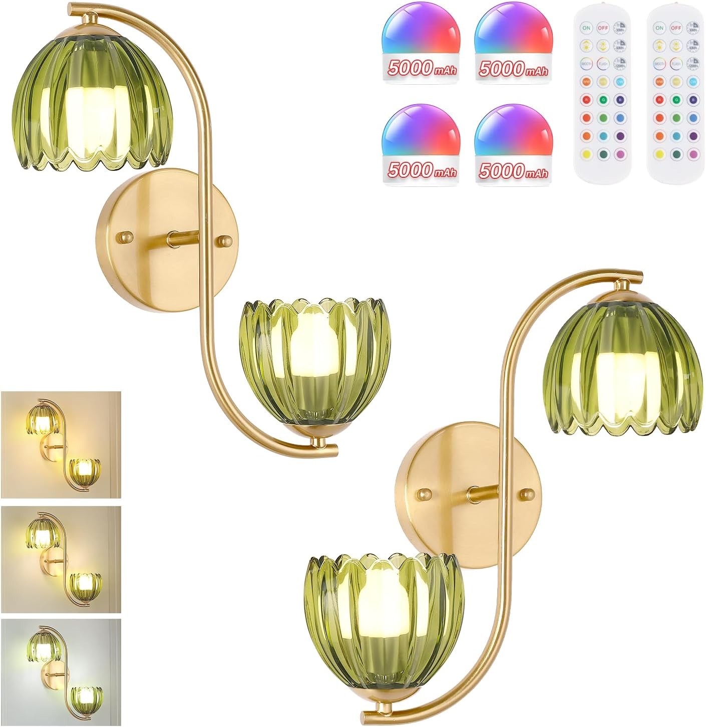 Battery Op Wall Sconce 2-Lights Vinatge Brass Wall Lighting Up & Down Tulip Shad