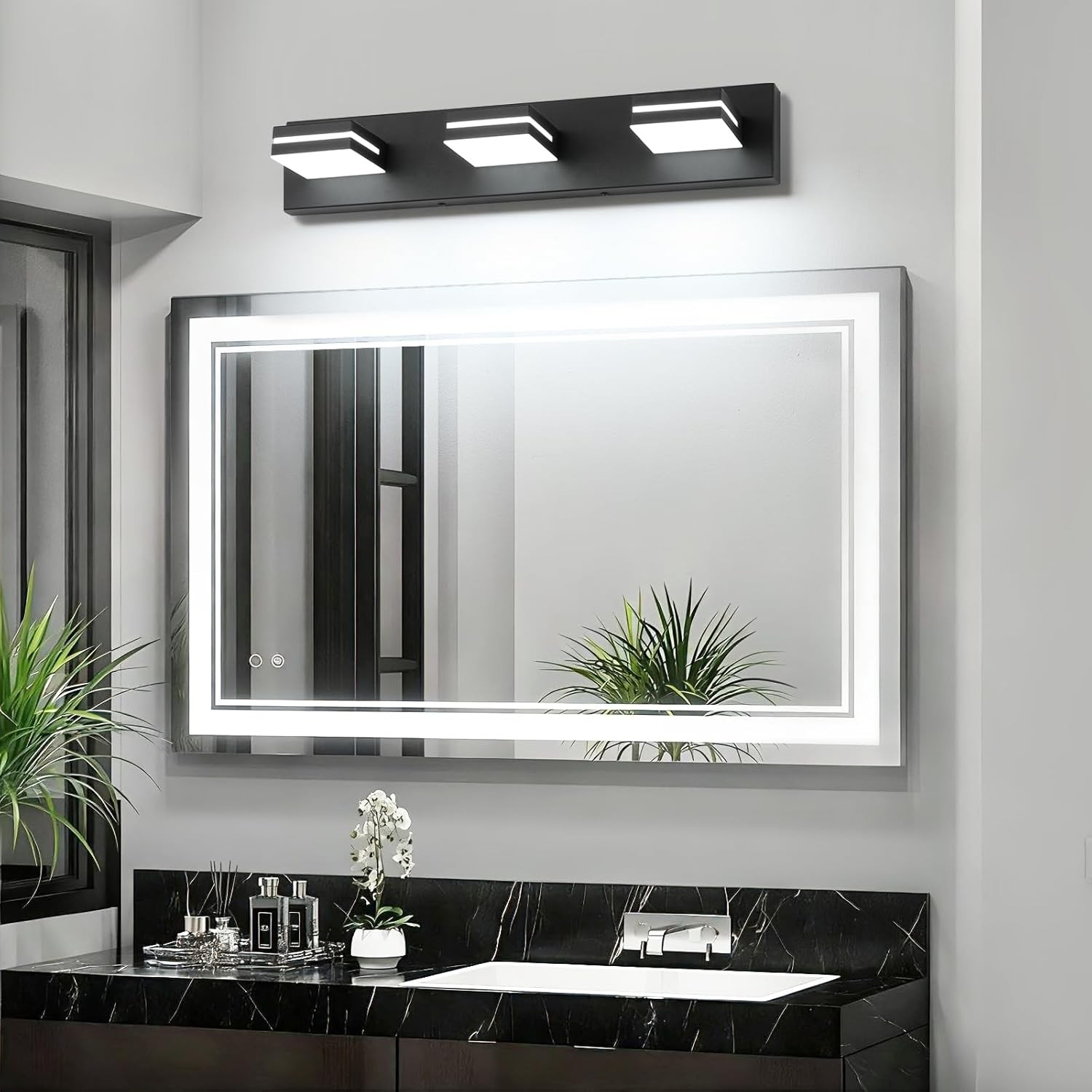 Lámpara LED moderna para baño 24”, 3 luces, acrílico negro mate 6000K