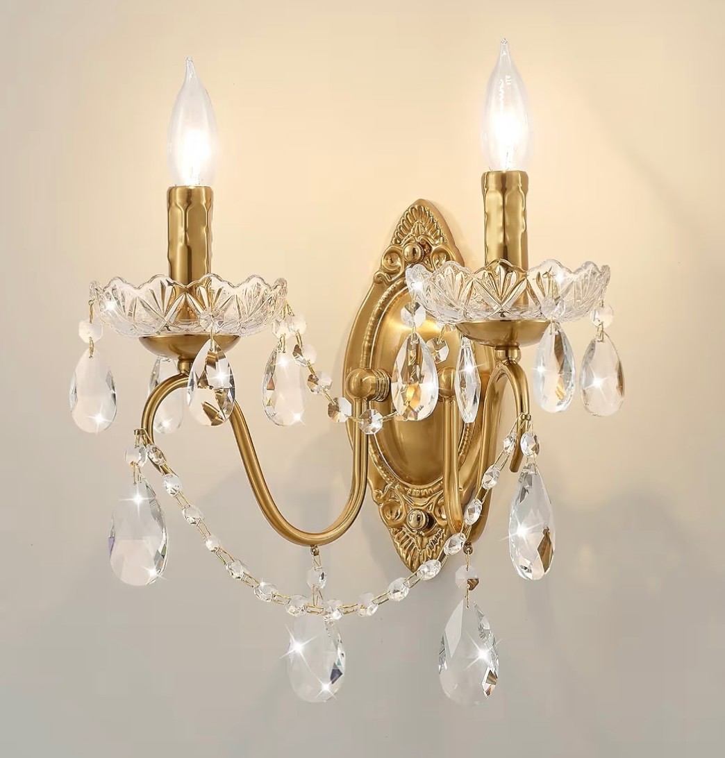 Set of Two Ondersley Gold Brass Crystal Drops Prisms Double Arm Wall Sconces