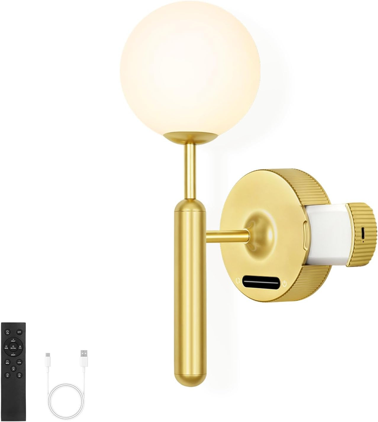 Gold Wireless Wall Sconce with Remote, Dimmable & Rechargeable 8000mAh Battery