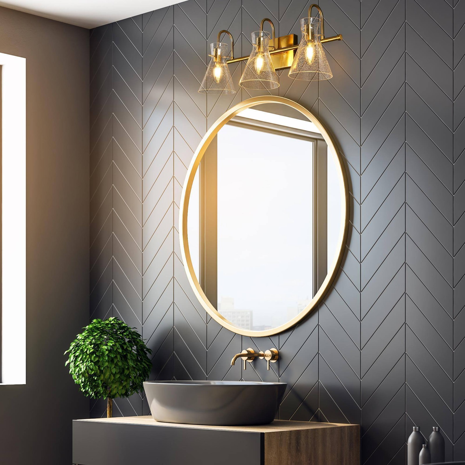 Uolifn Modern Seeded Glass Mythrel 3-Light Brass Bathroom Vanity Light #A04930W3