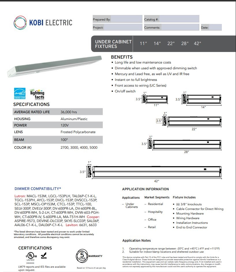 Kobi Electric 12W LED Under Cabinet Light 28in 3000K White Linkable New
