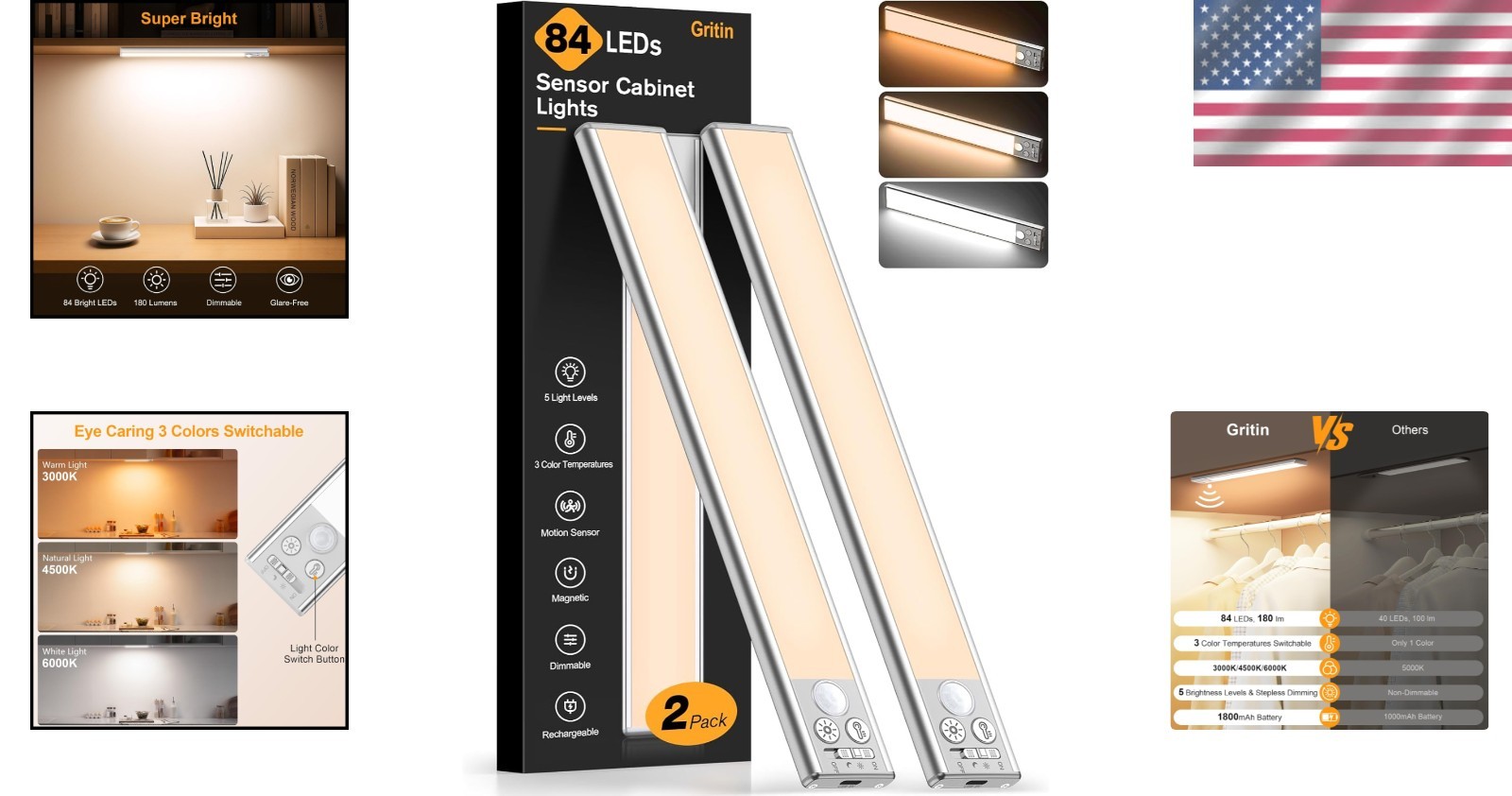 Energy-Efficient 10.2-Inch Under Cabinet Lighting – 3 Color Modes & Rechargeable