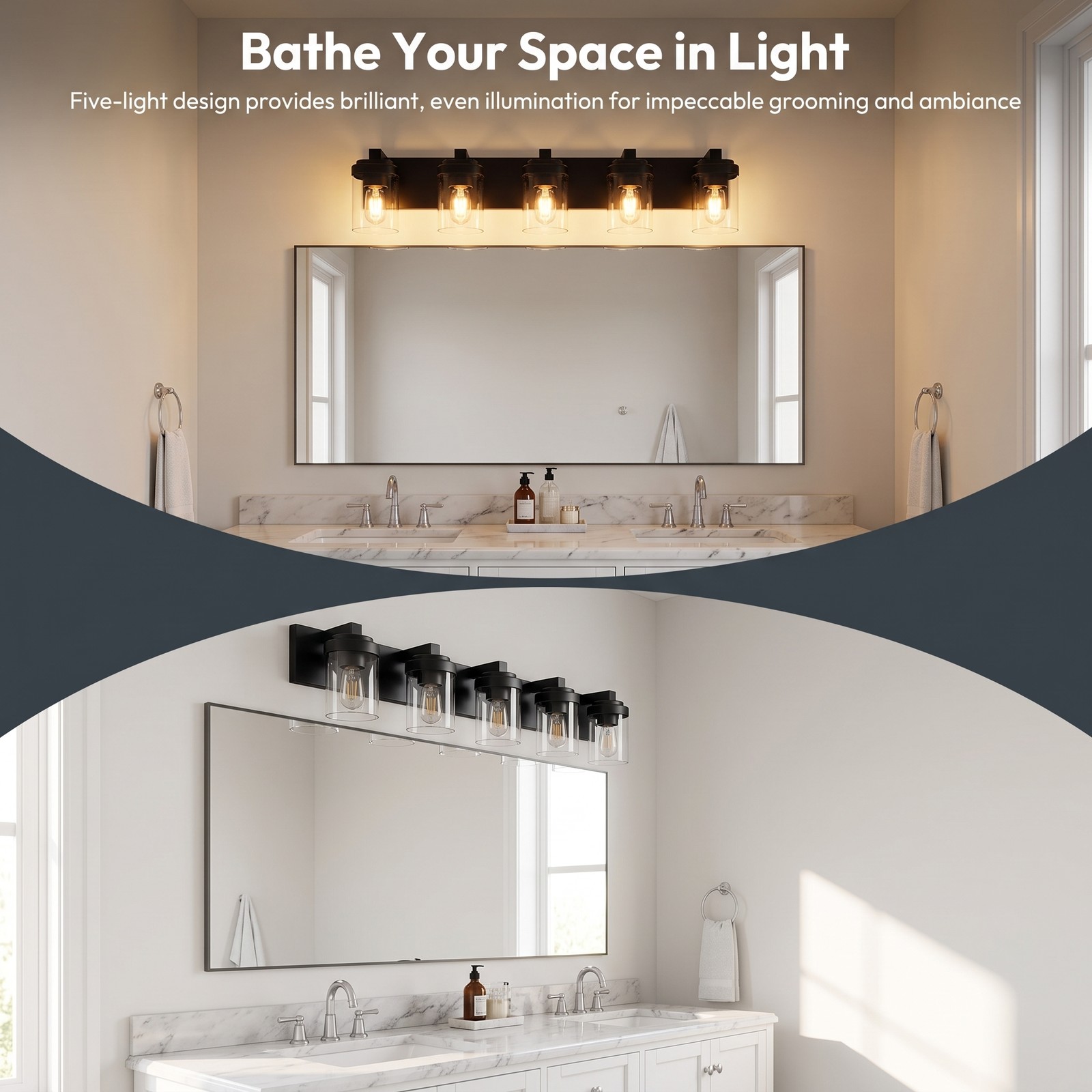 31» Vanity 5 Light LED Square Glass for Bathroom Over Mirror Wall Black Fixture