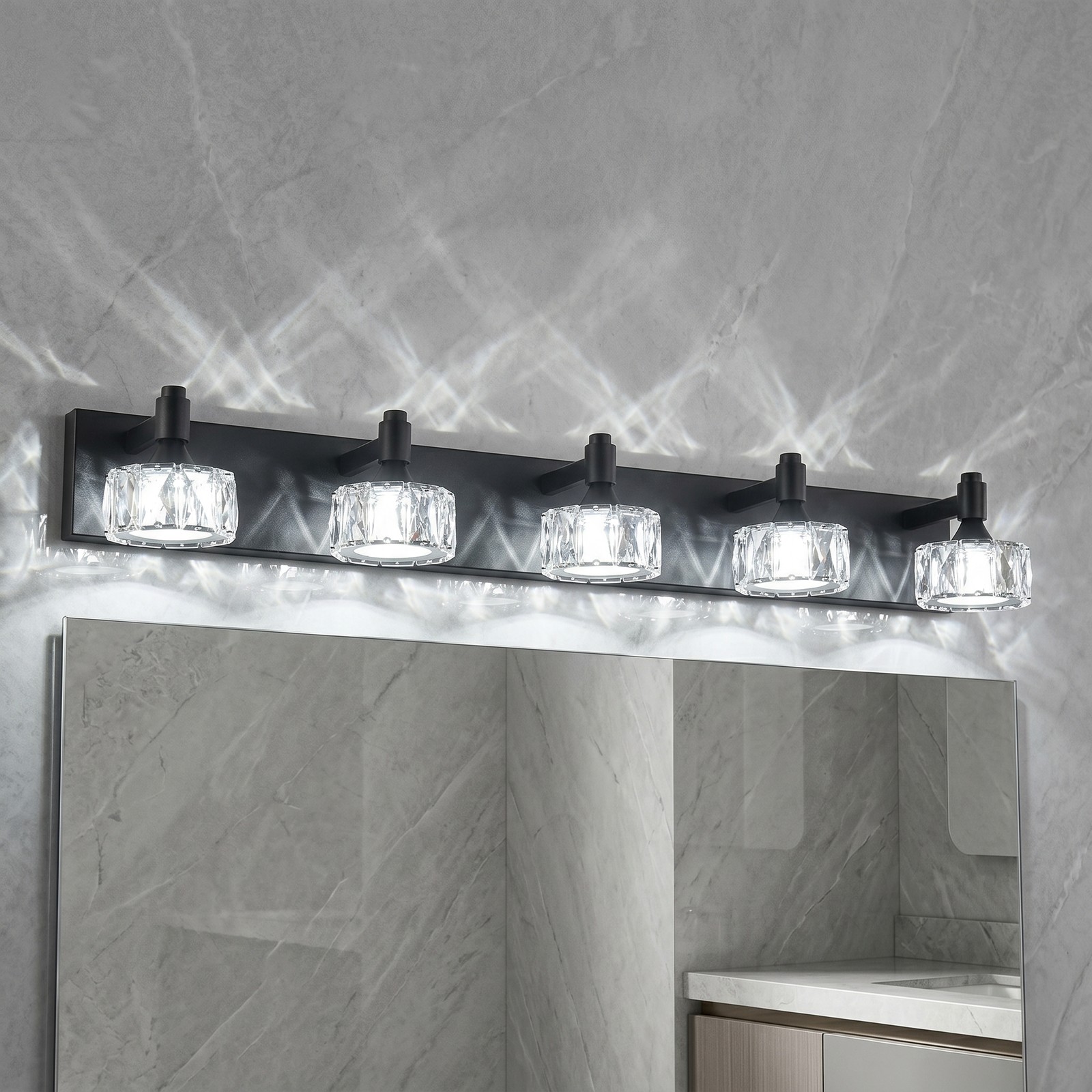 36 inch Bathroom Crystal Shade LED Vanity 5 Lights Mirror Wall Sconce Fixture
