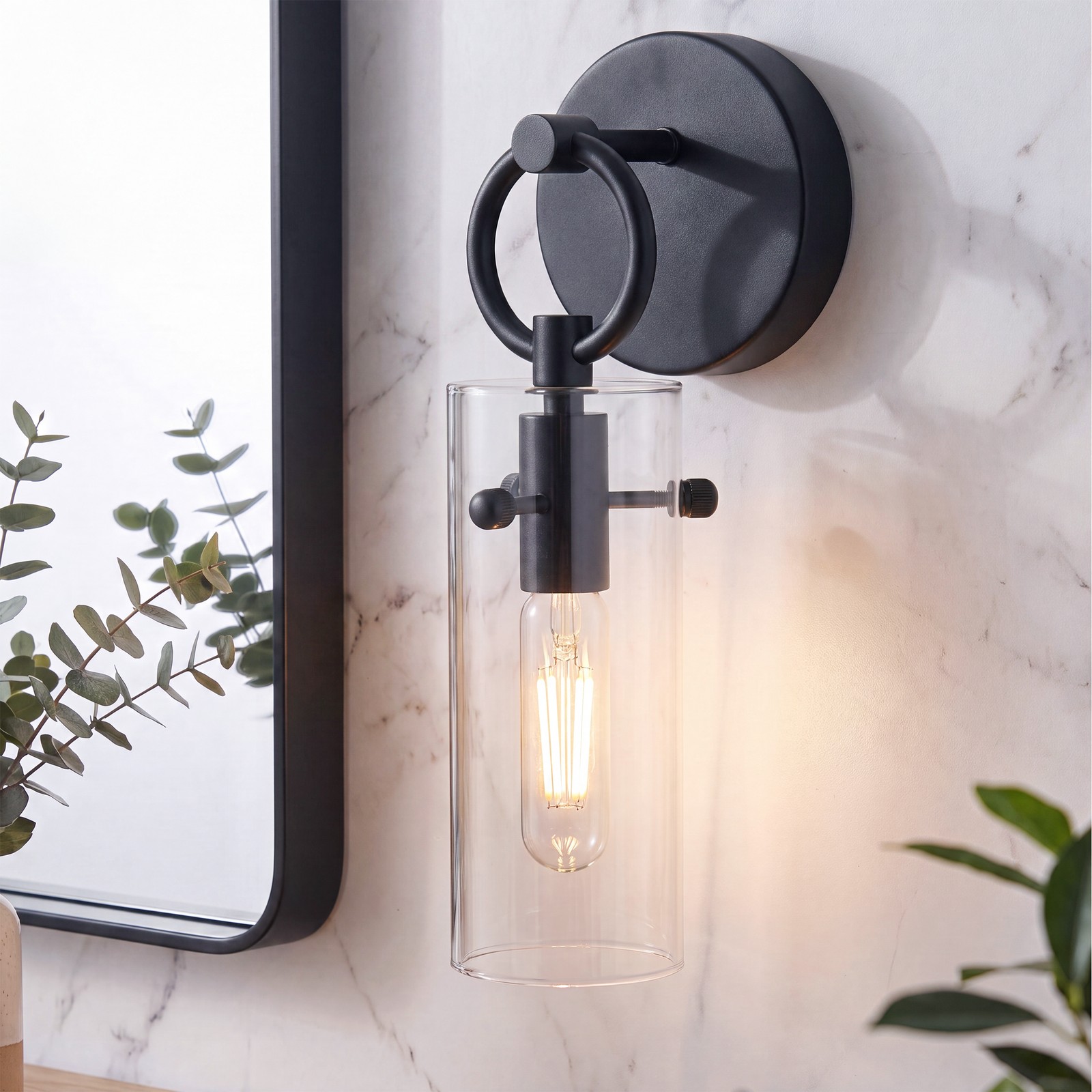 2PCS Matte Black Wall Sconce Light Fixture with Clear Glass Cylinder Shade