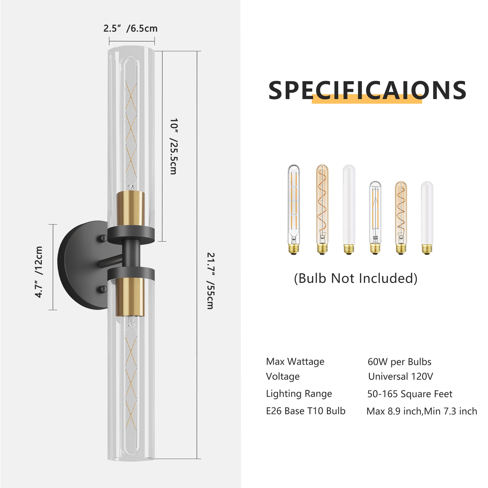2Pcs 12″ Modern Wall Light Black Gold LED Sconce Glass Shade Mirror Lamp Fixture