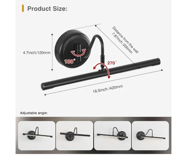 LED Picture Light 16.5″ Single Swing Arm Adjustable Metal Wall Sconce Hardwired