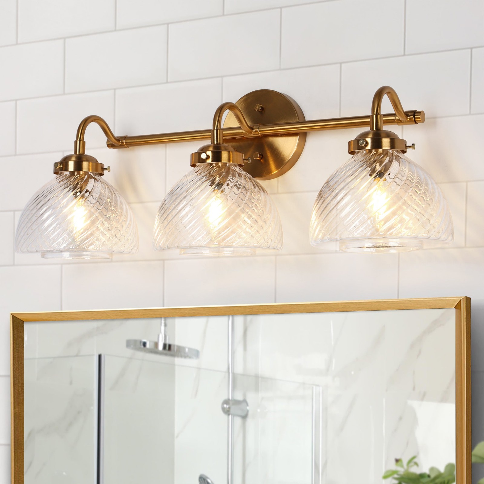 Uolfin 25.5″ 3-Light Brass Bathroom Vanity Light Ribbed Glass Shades