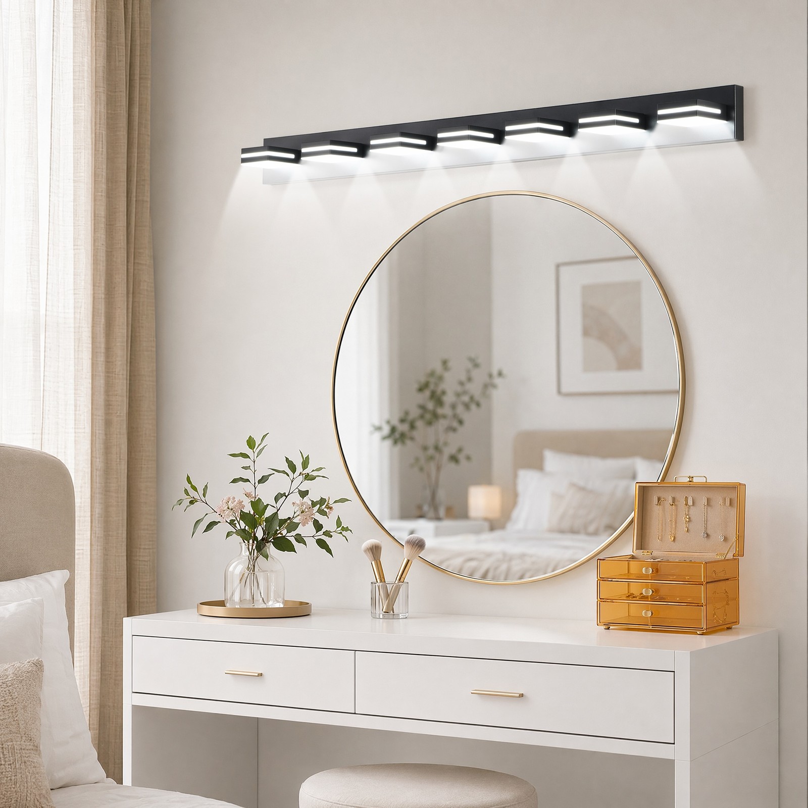 55» Modern Vanity Light 7 Lights Black LED Bathroom Mirror Wall Sconce Fixture