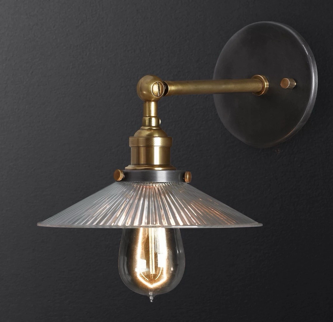 Restoration Hardware Factory Filament Ribbed Glass Sconce Aged Brass Edison Bulb