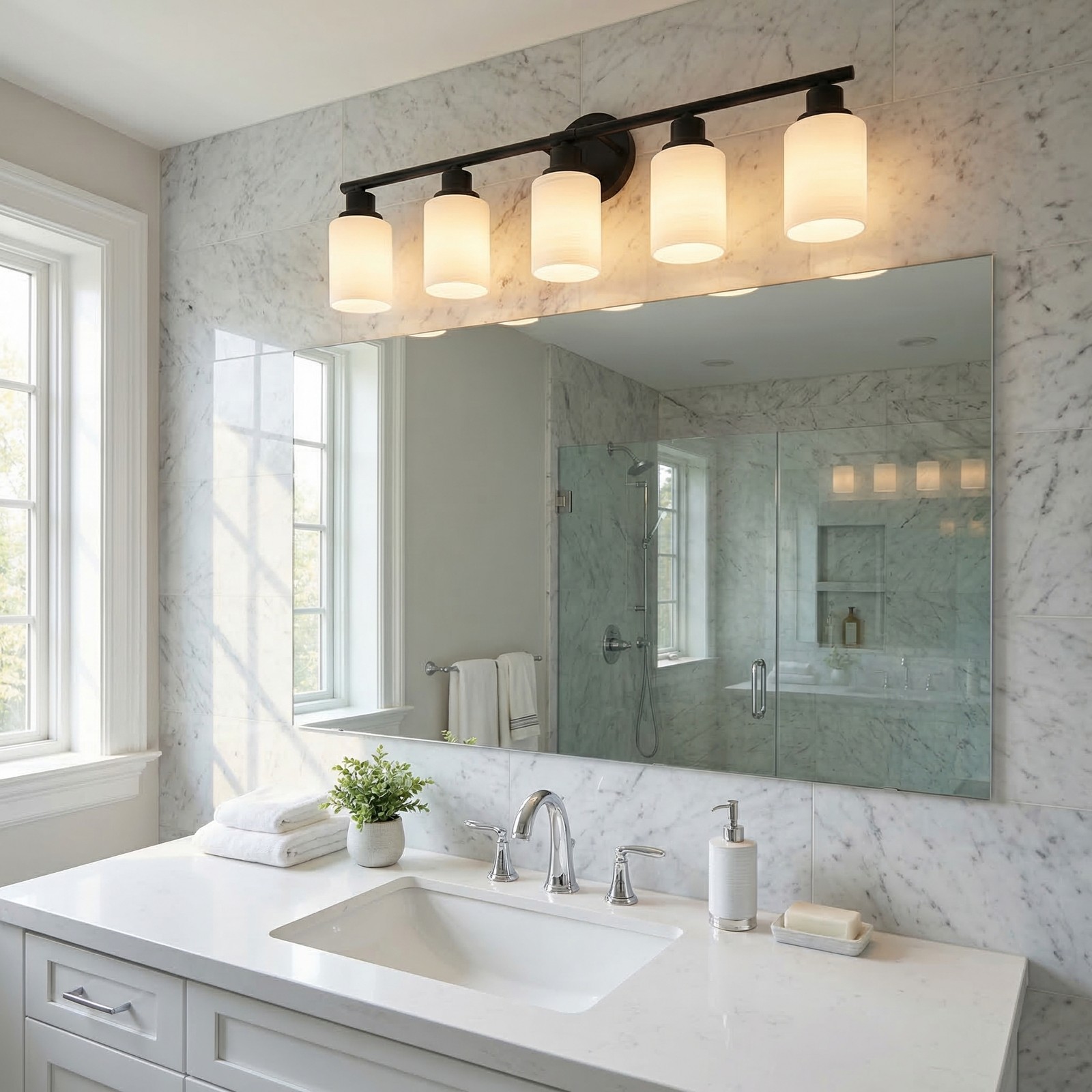 32 inch Black Glass Shade Vanity Light 5-Lights Wall Fixture Bathroom Mirror LED