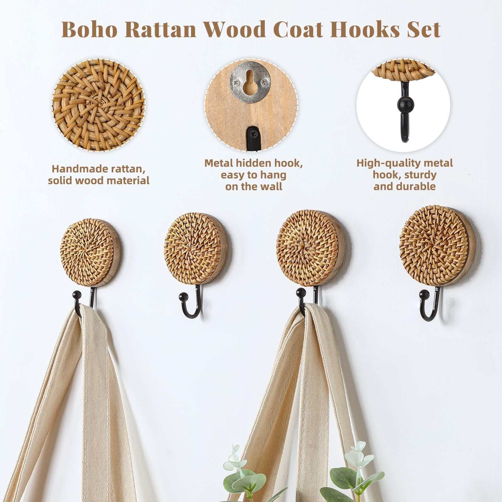 4 Pcs Boho Rattan Wall Towel Hooks Decorative Woven Hanging Holder Farmhouse …