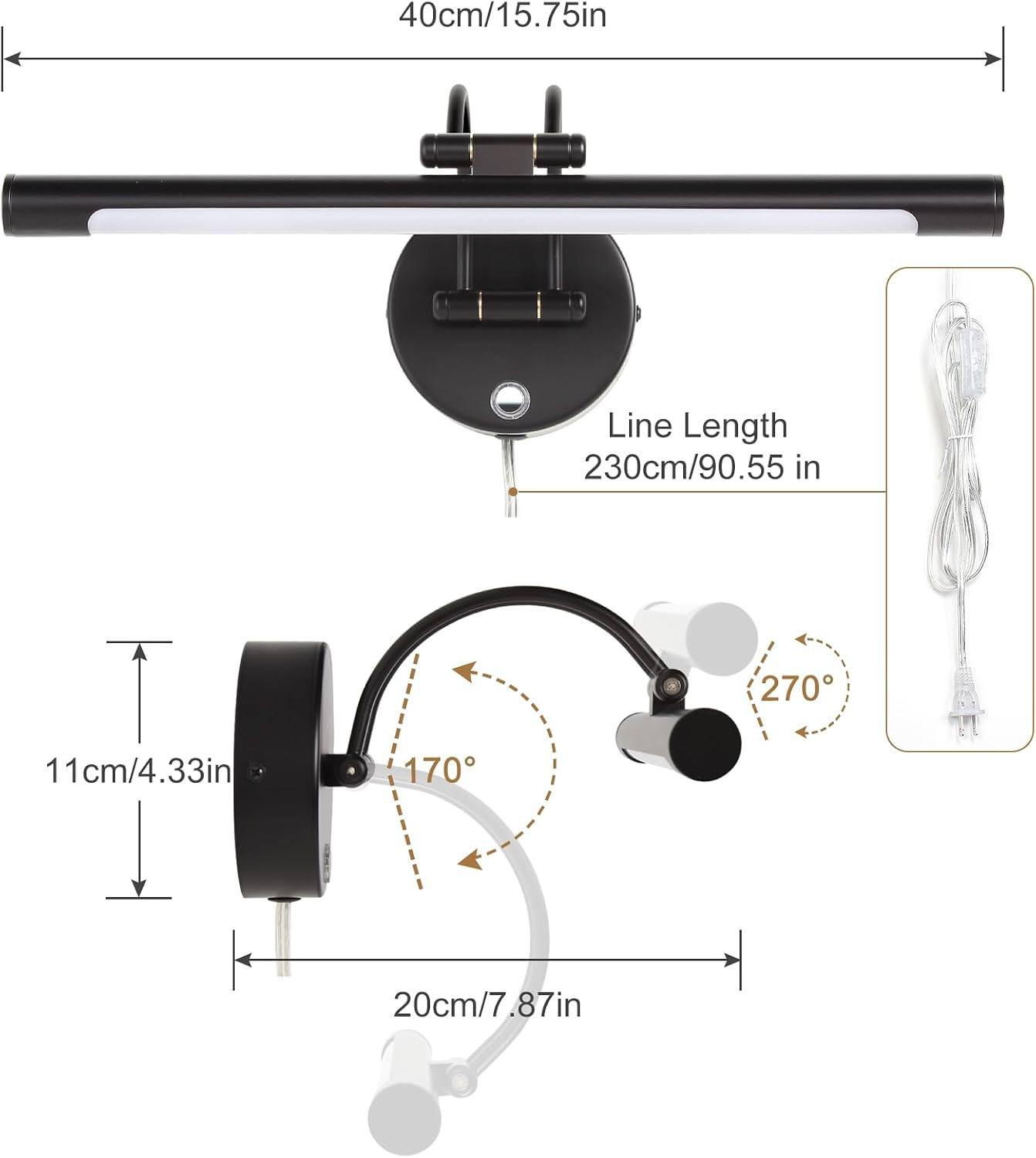 Dimmable LED Vanity Light 15.75″ Adjustable Arm Wall Sconce – Black 3000K