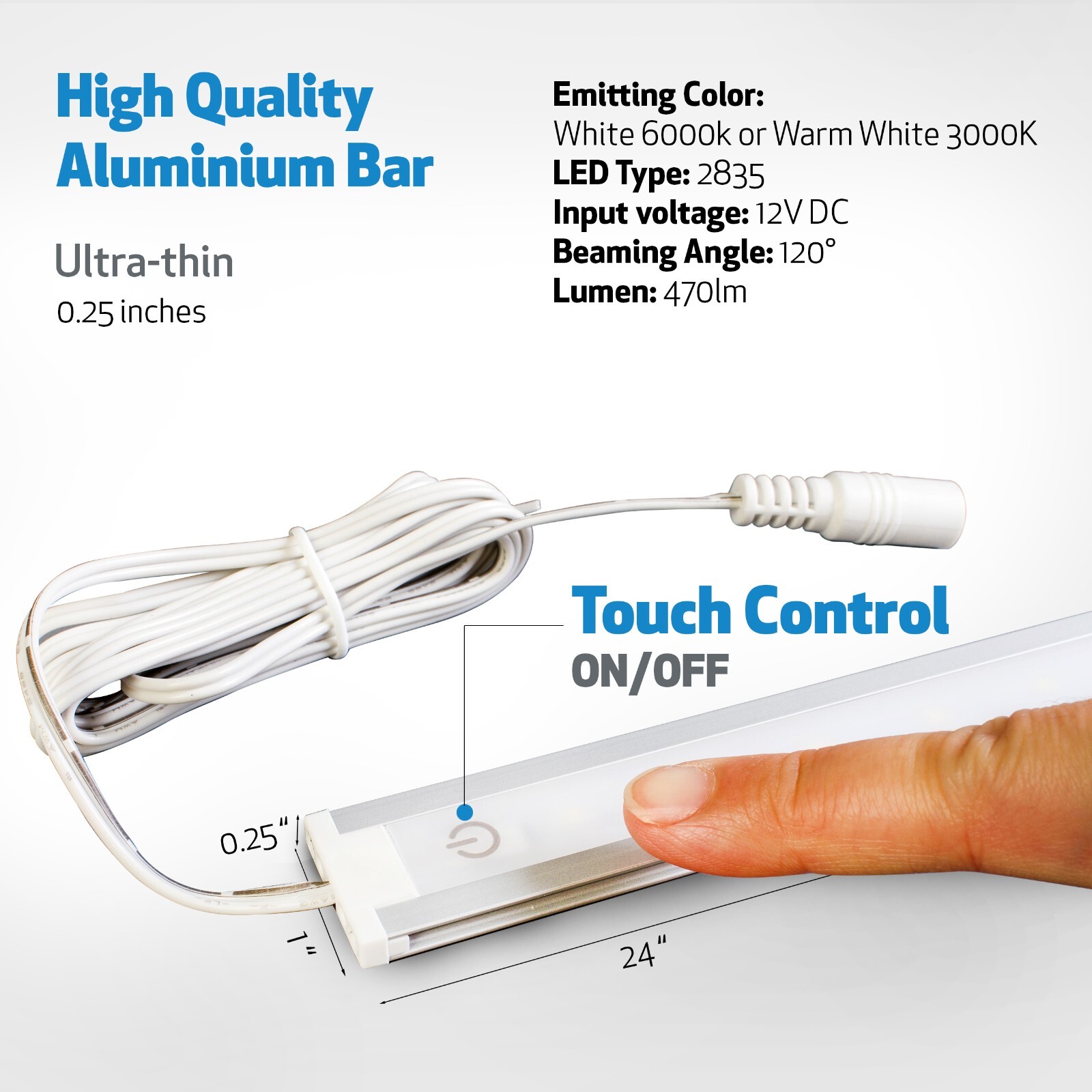 Under cabinet LED Light 24 inches + Touch On Off Switch Builtin+ UL Power Supply