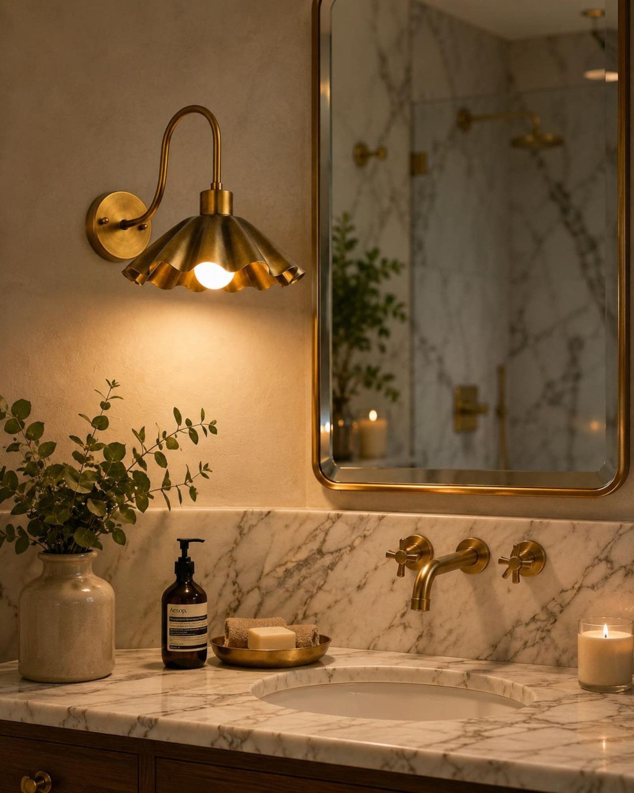 Handmade Solid Brass Ruffle Shade Sconce, Mid Century Modern Scalloped Wall Ligh