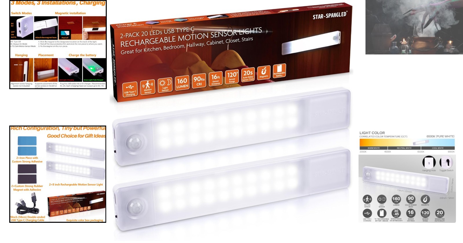 Ultra-Bright 160 Lumen Magnetic Motion Sensor Closet Lights – 8 Inch, White