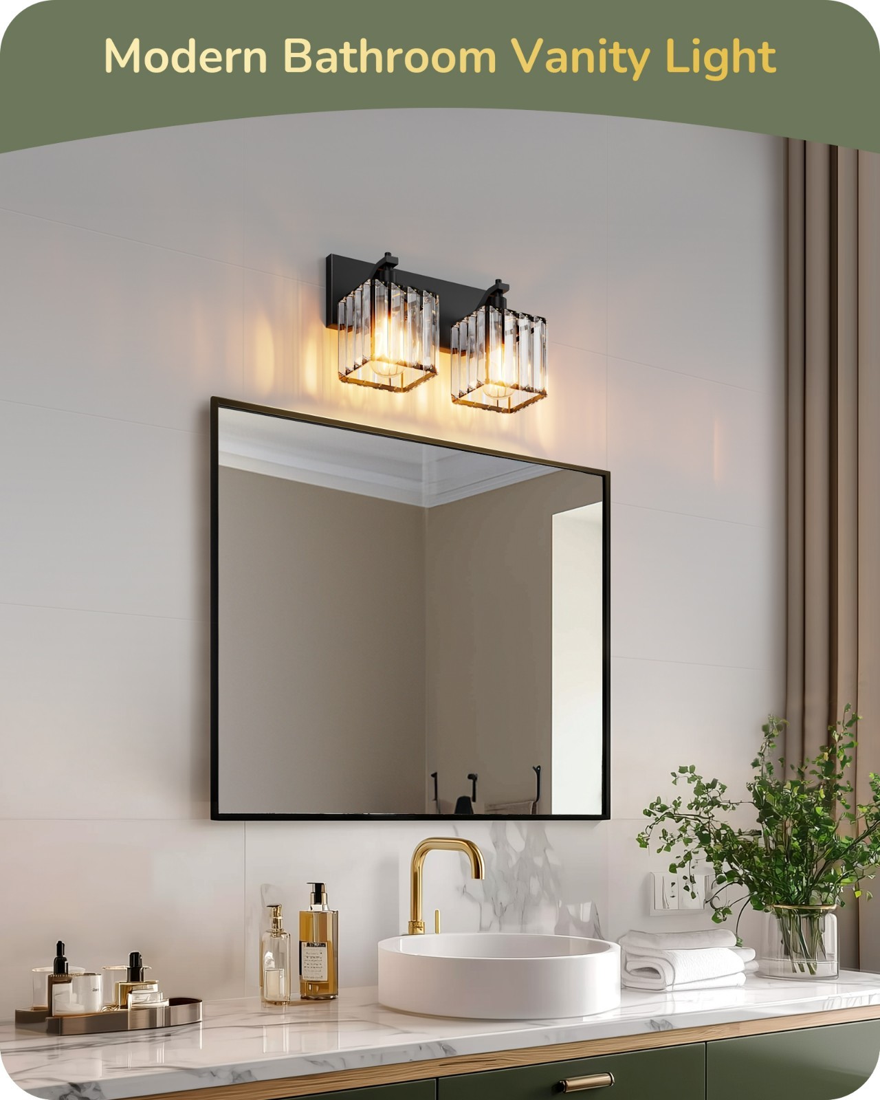 EDISHINE Modern Crystal Bathroom Light Fixture, 2-Light Vanity Sconce, Black