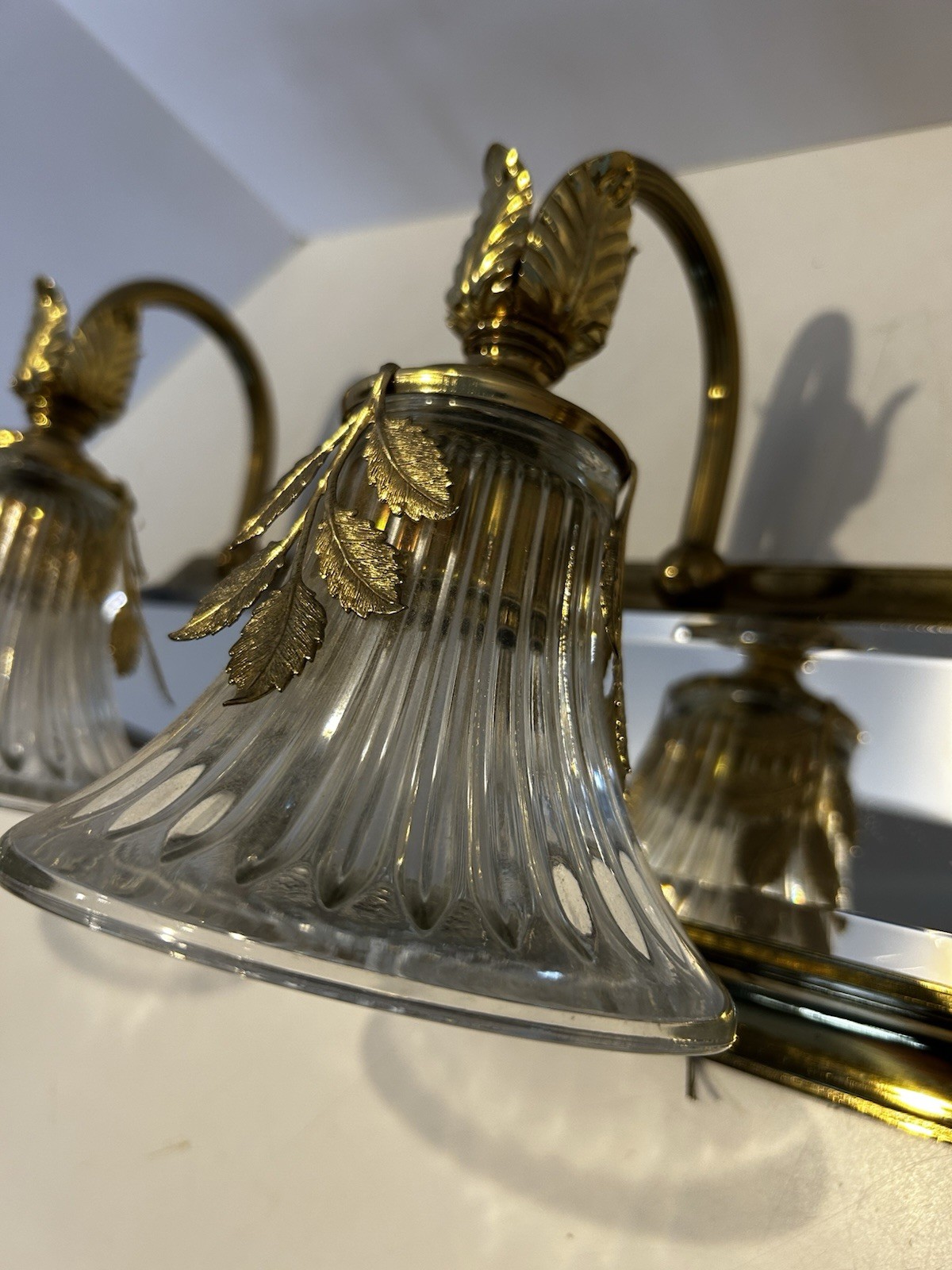 H A Framburg 3 Light Brass Mirrored Wall Sconce With Fluted Glass Shades Vtg MCM