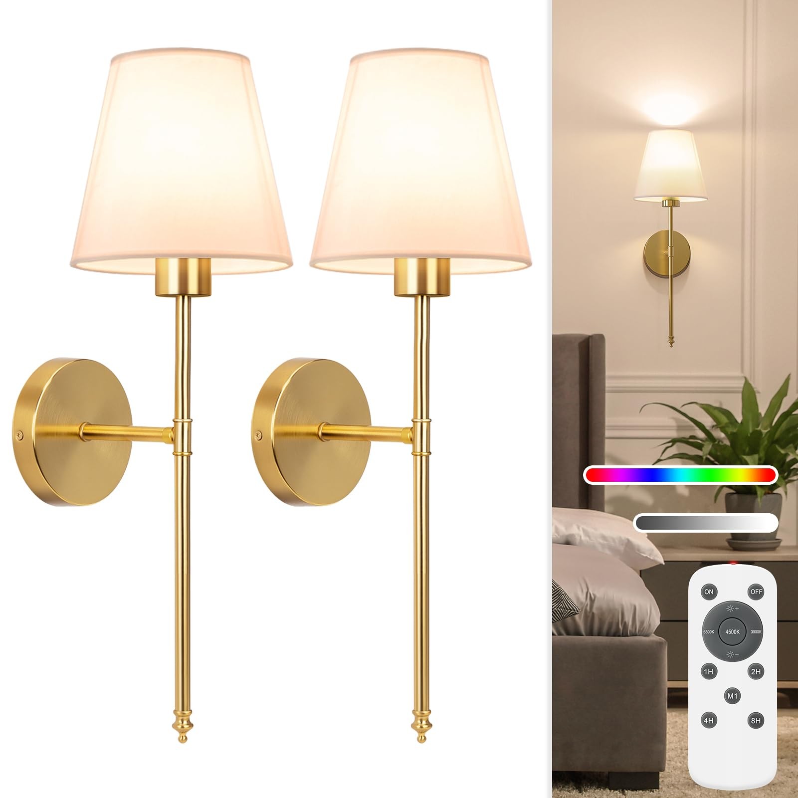 19.9 inch Battery Operated Wall Sconce Set of 2,Gold Rechargeable Wall Lights…