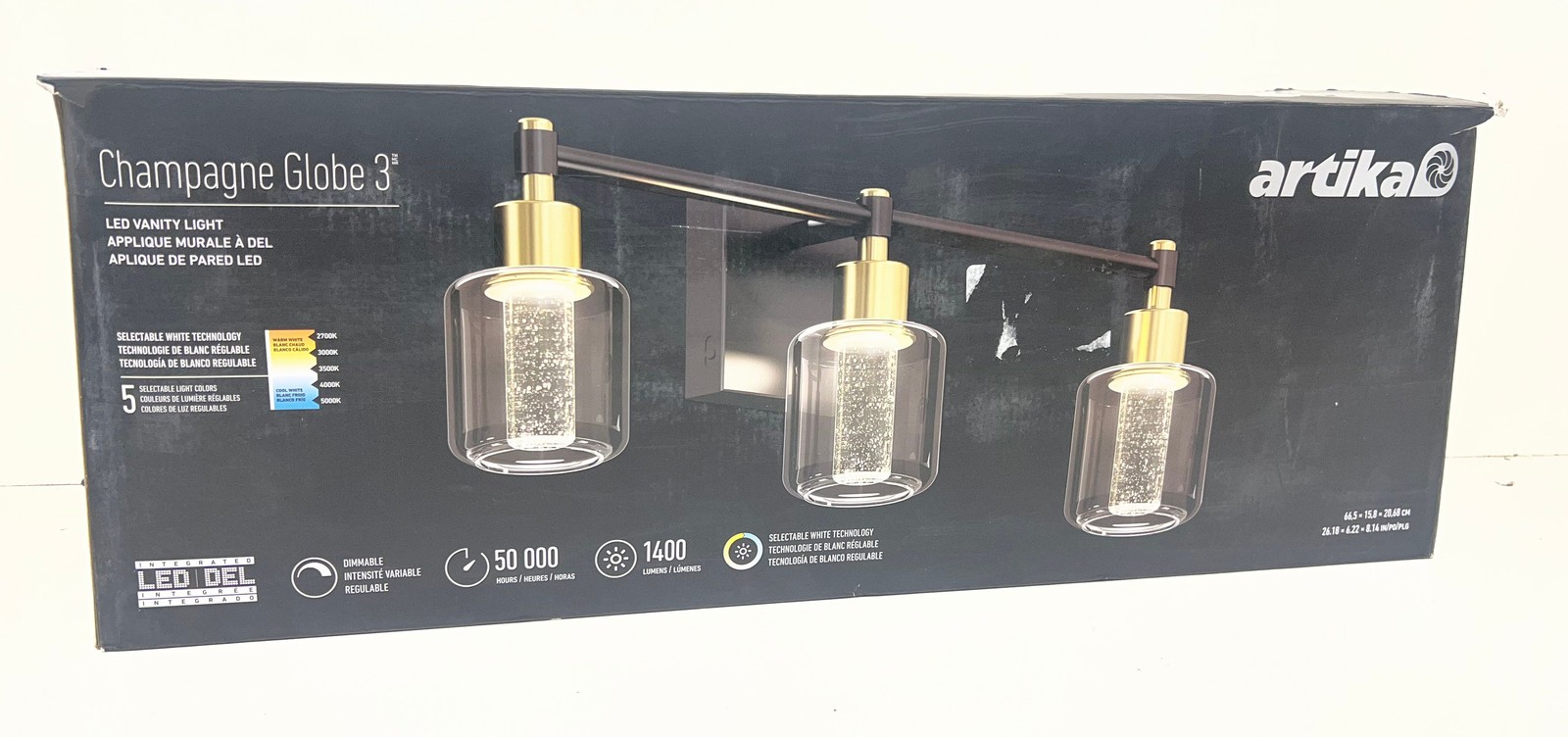 Artika Champagne Globe 26 in. 3-Light Black & Gold Vanity Light w/ Bubble Glass